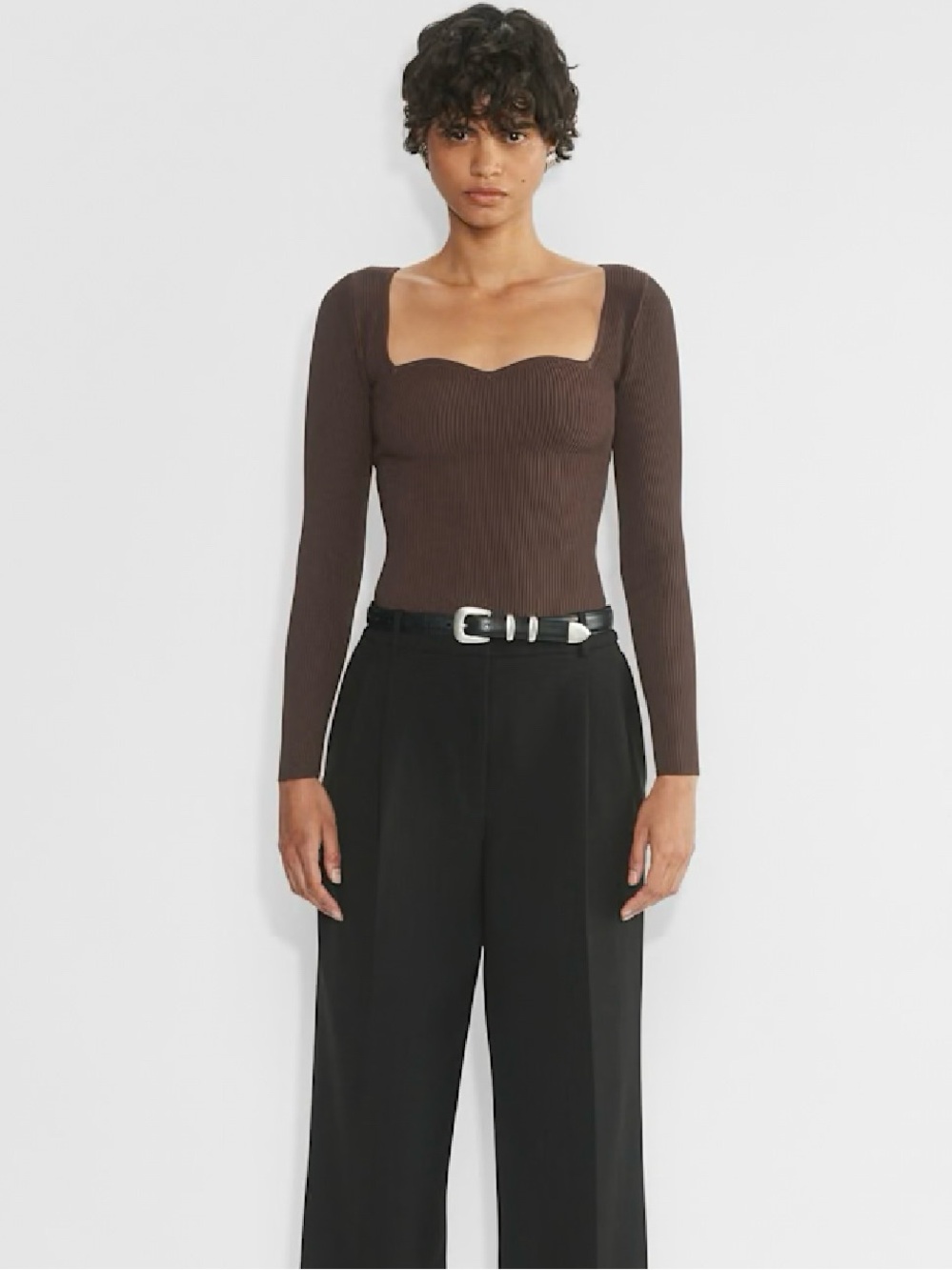 Babaton Aritzia XS Sculpt Knit Sweetheart Long Sleeve Top Brown Ribbed